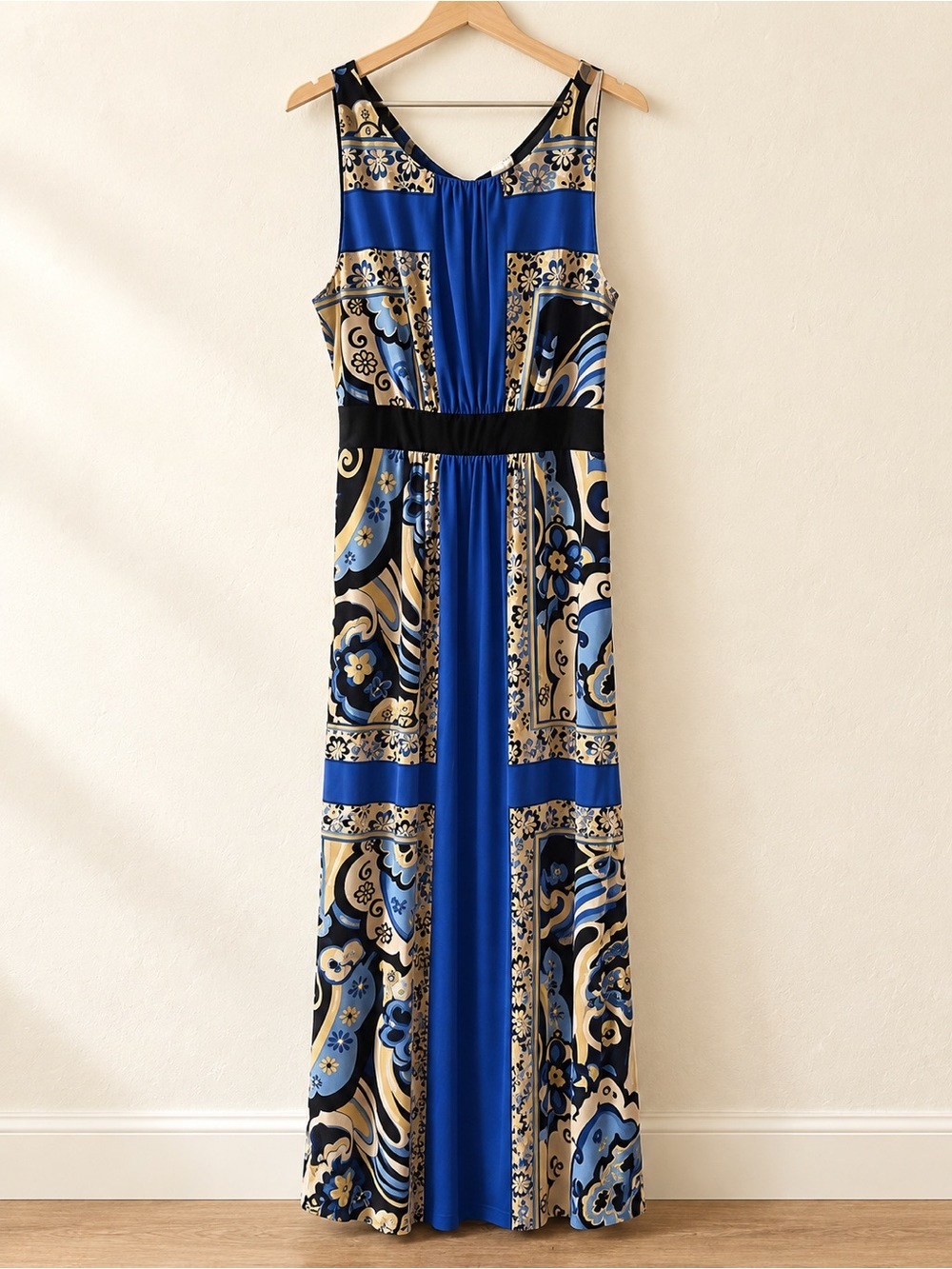 Signature by Sangria Royal Blue and Black Patterned Maxi Dress